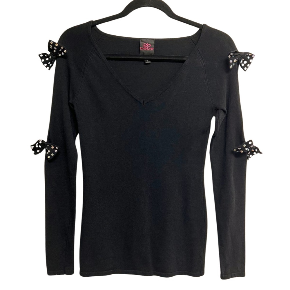 BEBE Bow Rhinestone Cut-Out Long Sleeve Top